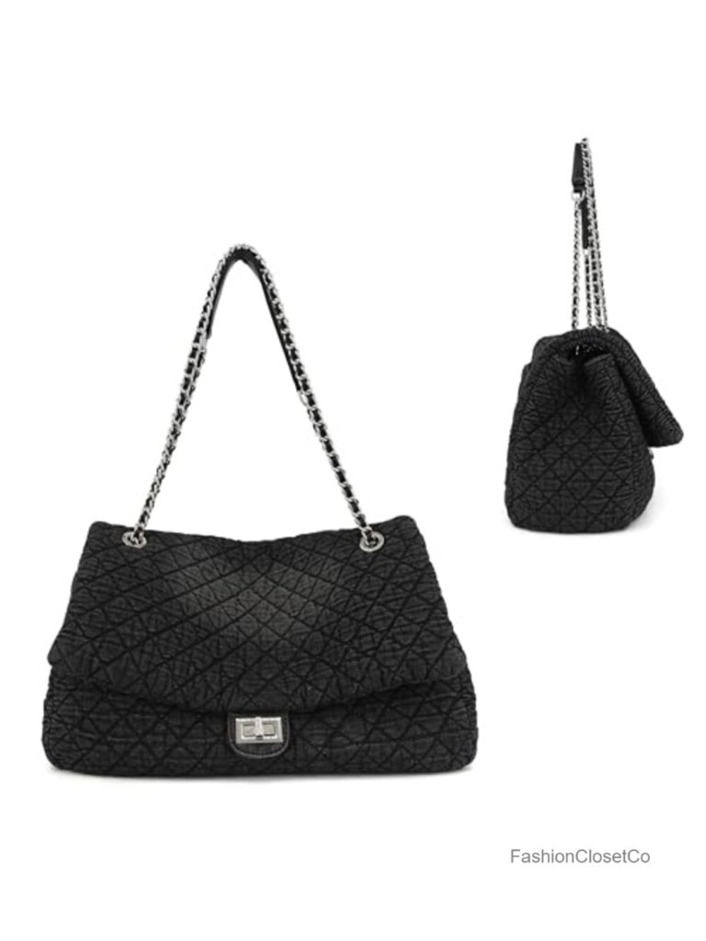 Extra Large Quilted Denim Hobo Bag with Chain Straps and Flap Closure for Travel - Picture 2 of 6